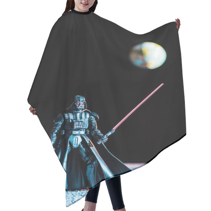 Personality  Darth Vader Figurine With Lightsaber On Black Background With Planet Earth Hair Cutting Cape