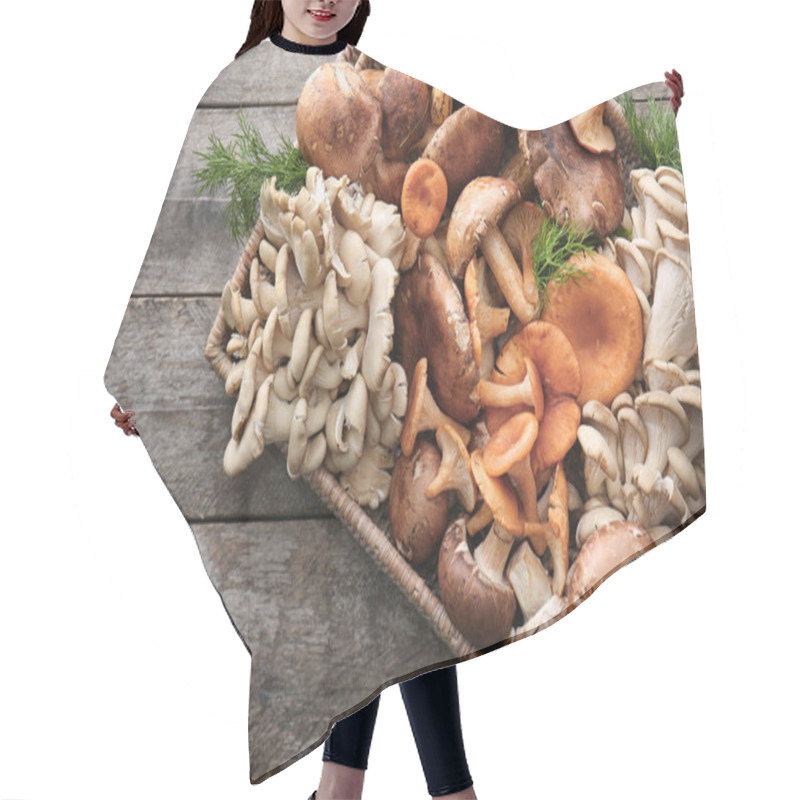 Personality  Wicker Tray With Variety Of Raw Mushrooms On Wooden Table Hair Cutting Cape