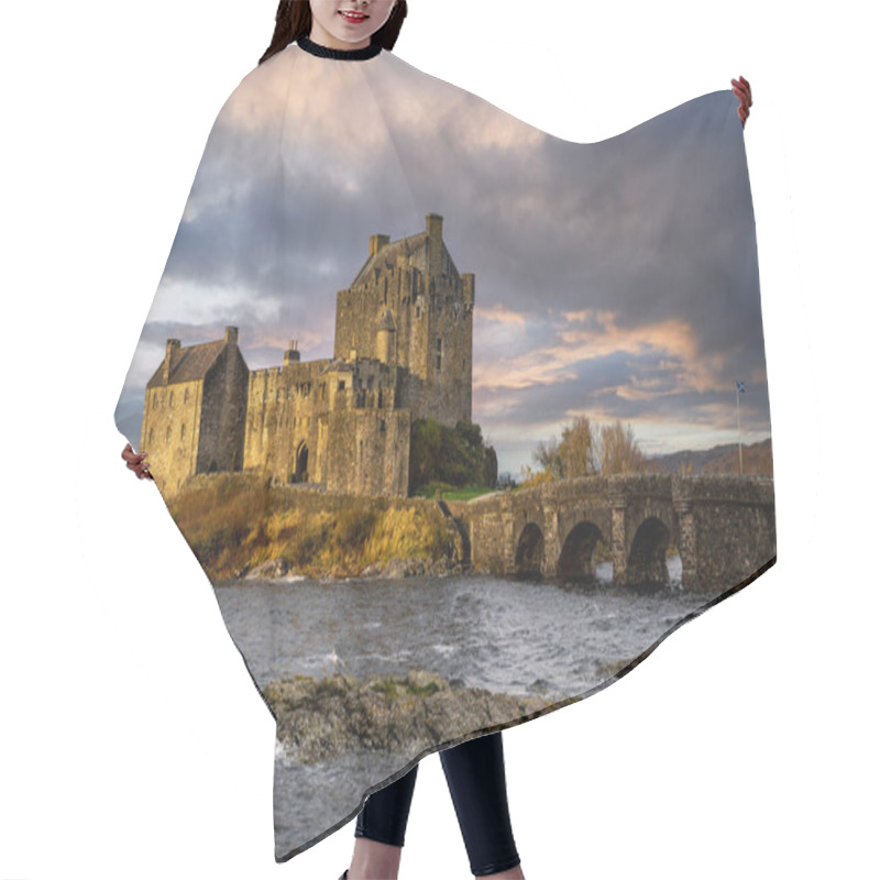 Personality  Eilean Donan Castle In Dornie In The Scottish Highlands During Cloudy Day, Scotland Hair Cutting Cape