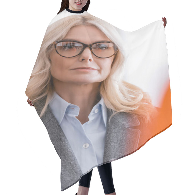 Personality  Portrait Of Blonde Middle Aged Advocate Wearing Eyeglasses In Court Hair Cutting Cape