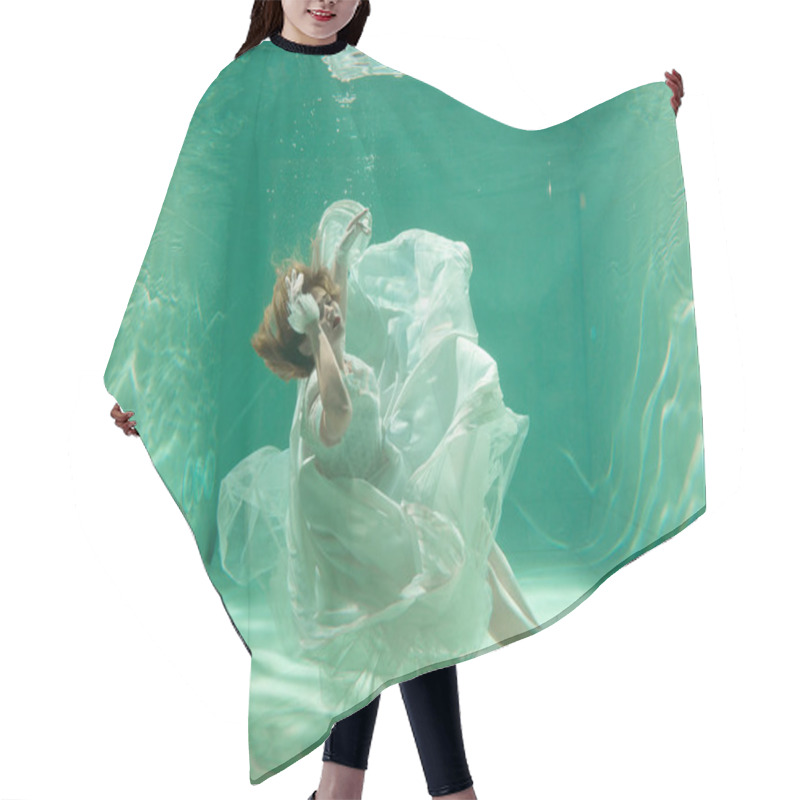 Personality  Hot Slim Caucasian Woman Posing Under Water In Beautiful Clothes Alone In The Deep Hair Cutting Cape