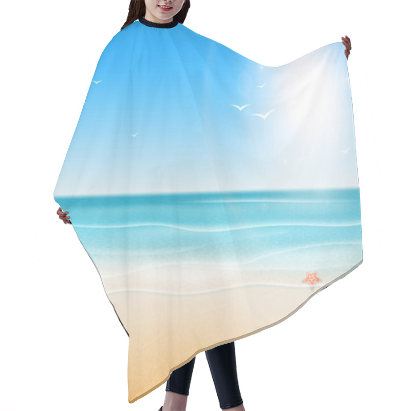 Personality  Tropical Beach. Sandy Beach Under The Bright Sun. Seashells And  Hair Cutting Cape