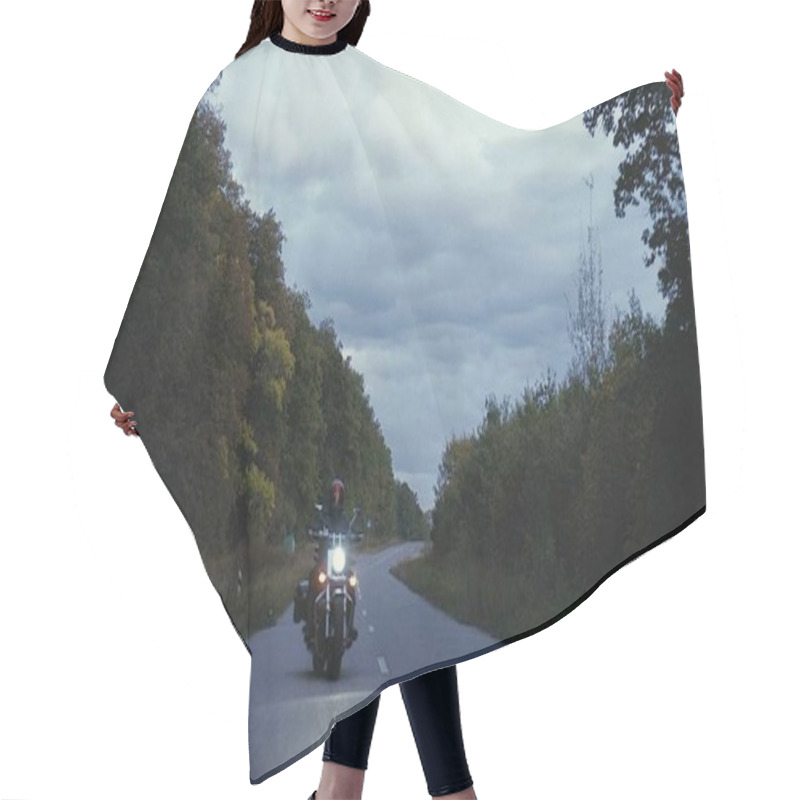 Personality  A Man Rides A Motorcycle Down A Road In Forest Hair Cutting Cape