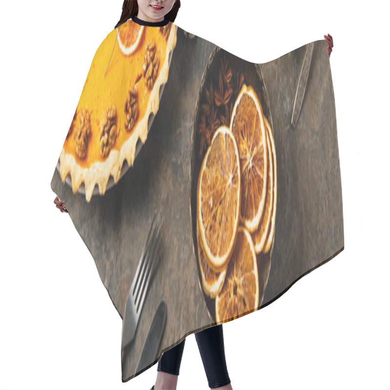 Personality  Thanksgiving Pumpkin Pie With Walnuts Near Dried Orange Slices And Warm Tea On Stone Surface, Banner Hair Cutting Cape