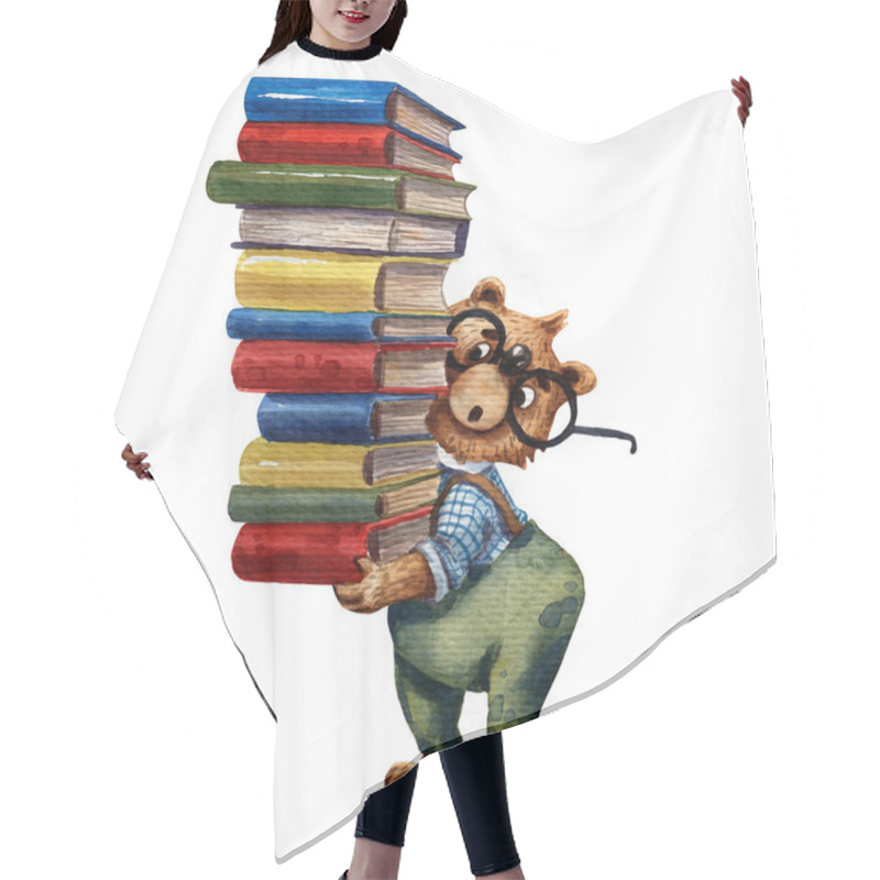 Personality  Watercolor Illustration Of Cute Bear. Pupil Character. Elementary School Illustration. Cartoon Style. School Stuff. Drawing Book Illustration. Little Clever Boy With Books. Children Library. Hair Cutting Cape