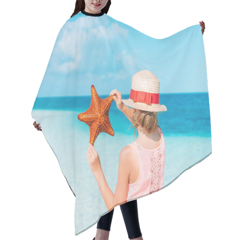 Personality  Adorable Little Girl With Starfish On White Empty Beach Hair Cutting Cape