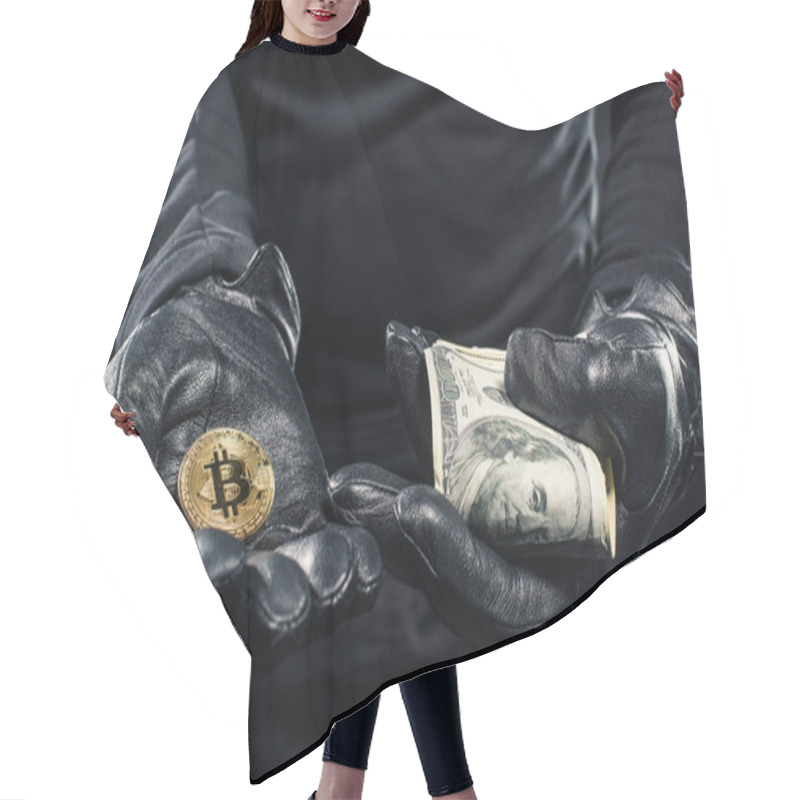 Personality  Close-up View Of Dollars And Bitcoin In Hands Of Thief Hair Cutting Cape