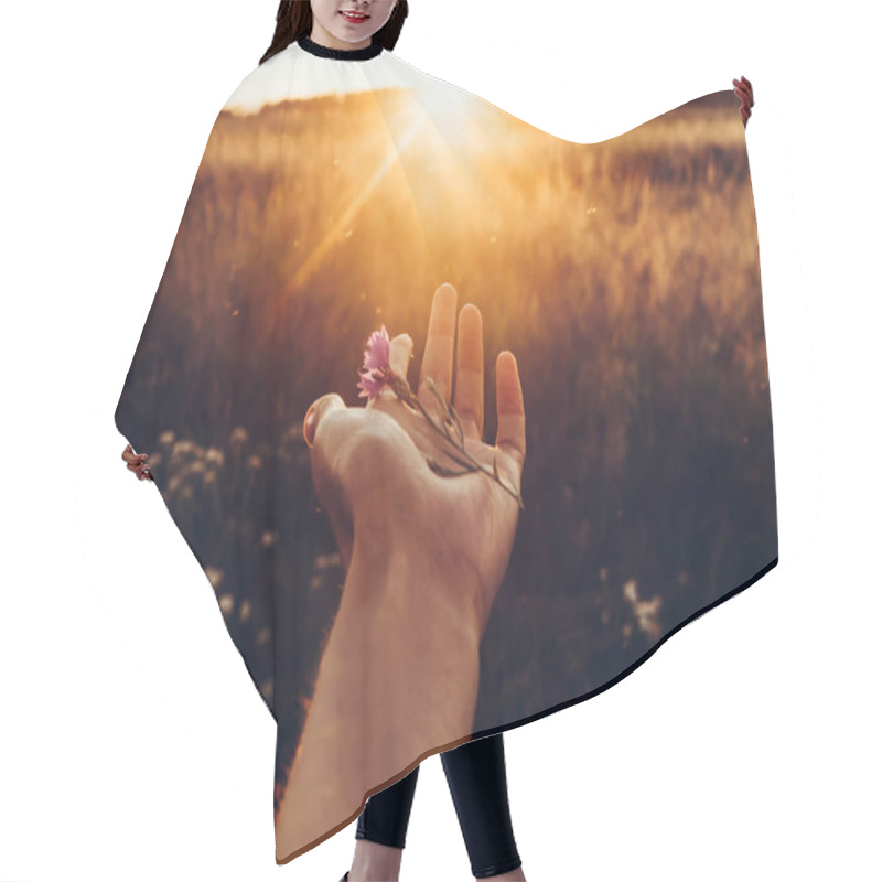 Personality  Hand Holding Cornflower At Sunset  Hair Cutting Cape