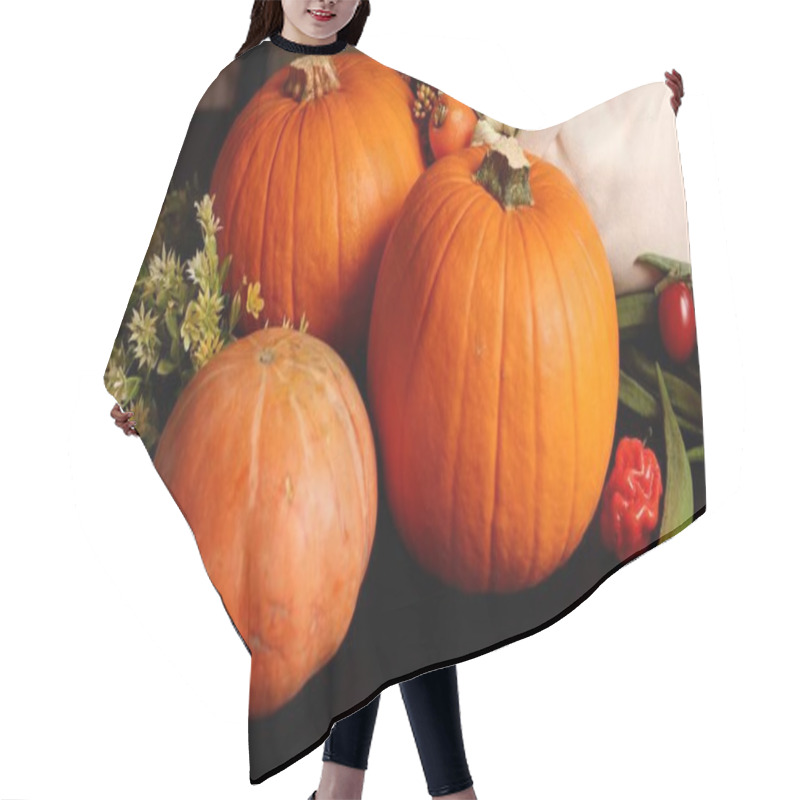 Personality  Pumpkins, Peppers, Corn Evoke Vibrant Harvest Scene. Cozy Seasonal Atmosphere With Rustic Charm Enhances Autumn Gatherings, Creating Festive Decor, Ideal For Fall Harvest Setup. Hair Cutting Cape