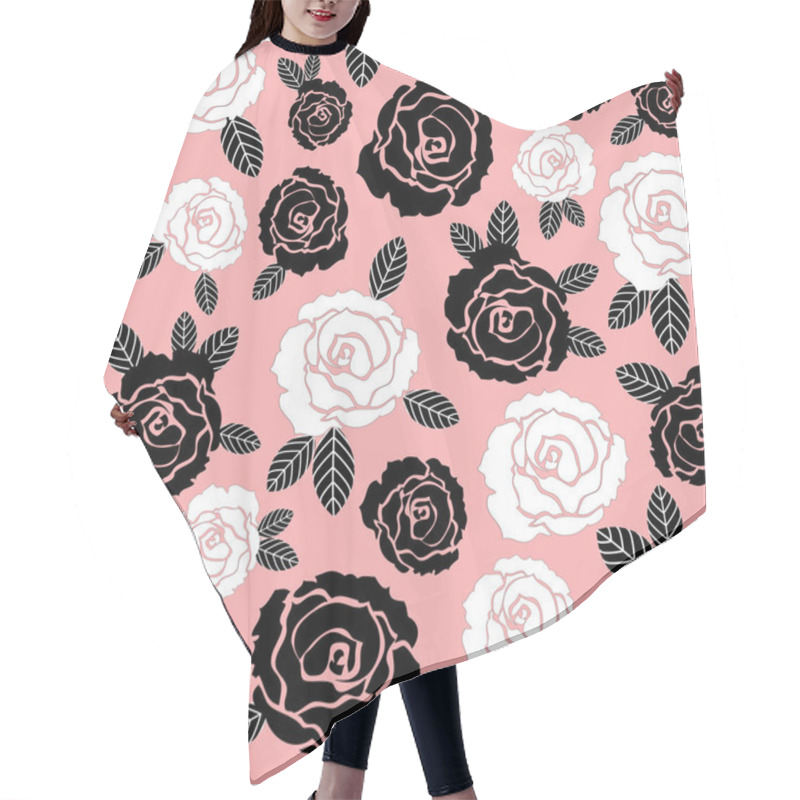 Personality  Vector Black And White Rose Flowers Seamless Pattern On Pink Background Hair Cutting Cape