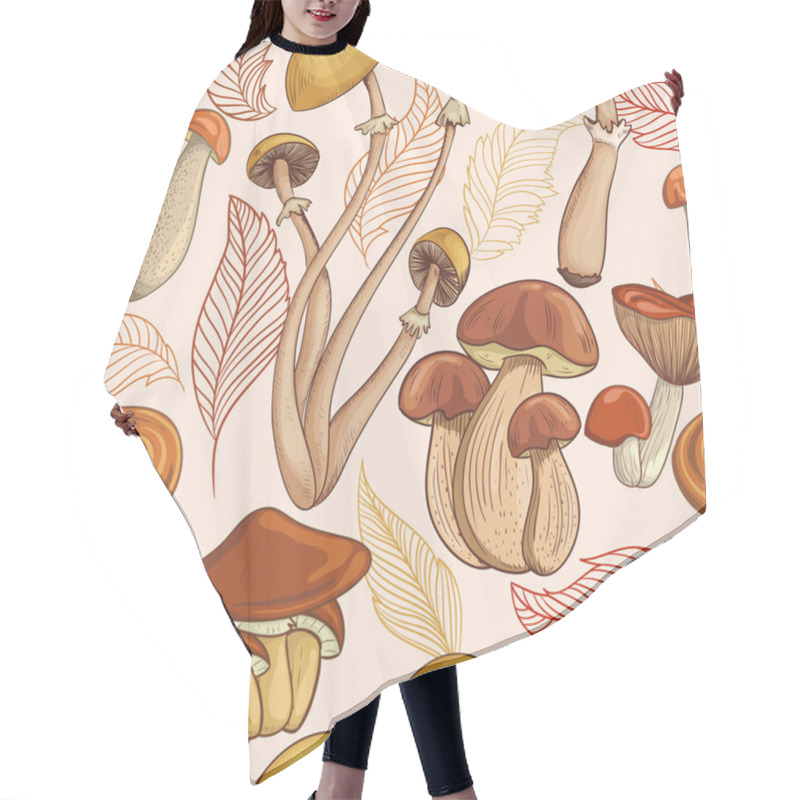 Personality  Vintage Seamless Pattern With Set Of Mushrooms And Autumn Leaves. Retro Hand Drawn Vector Illustration Hair Cutting Cape