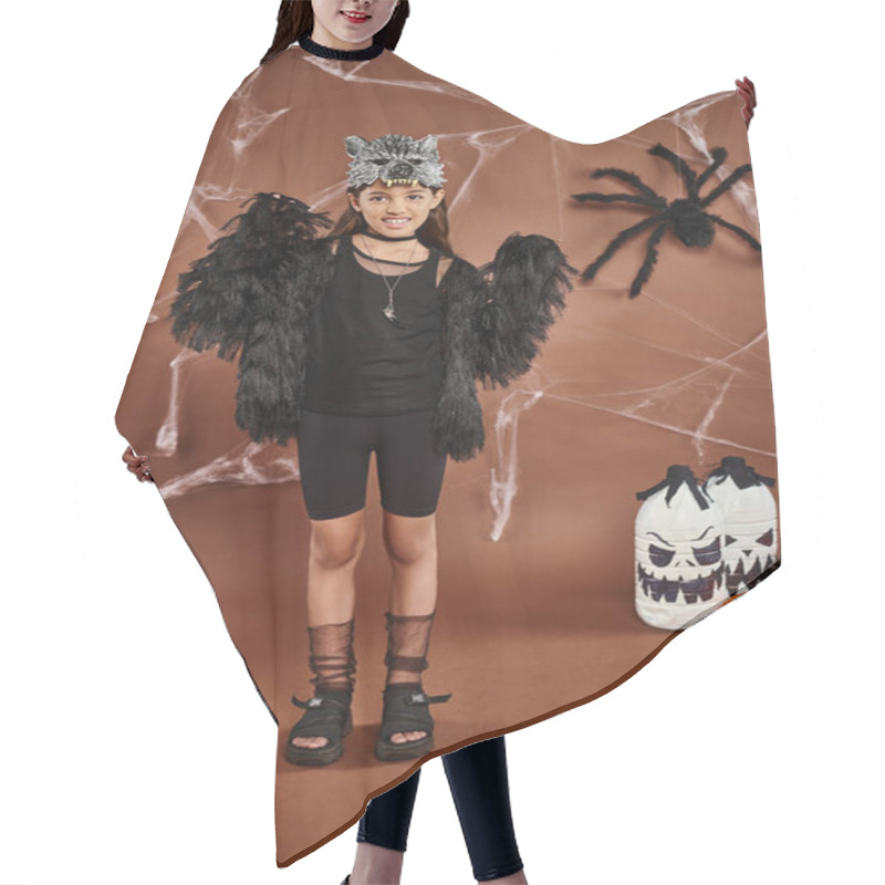 Personality  Cute Girl In Black Attire And Mask Scaring Among Spiders, Lanterns And Cobwebs, Halloween Concept Hair Cutting Cape