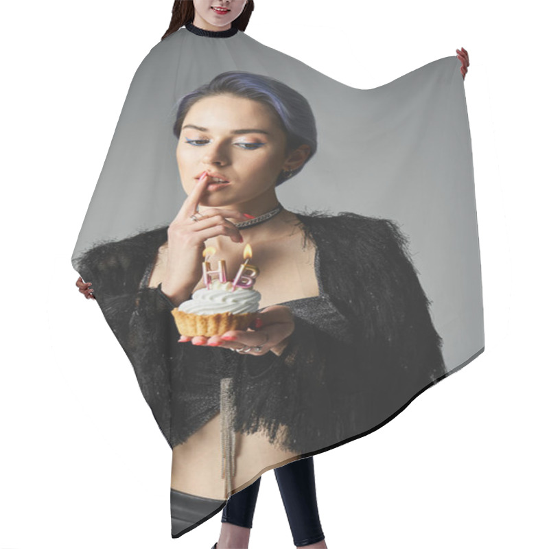 Personality  A Young Woman With Short Dyed Hair Poses In A Black Jacket, Holding A Delicious Cupcake. Hair Cutting Cape