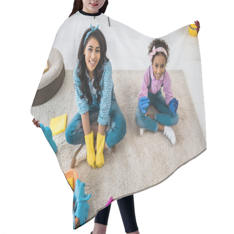 Personality  Smiling African American Mother And Daughter Sitting On Carpet In Lotus Poses Hair Cutting Cape