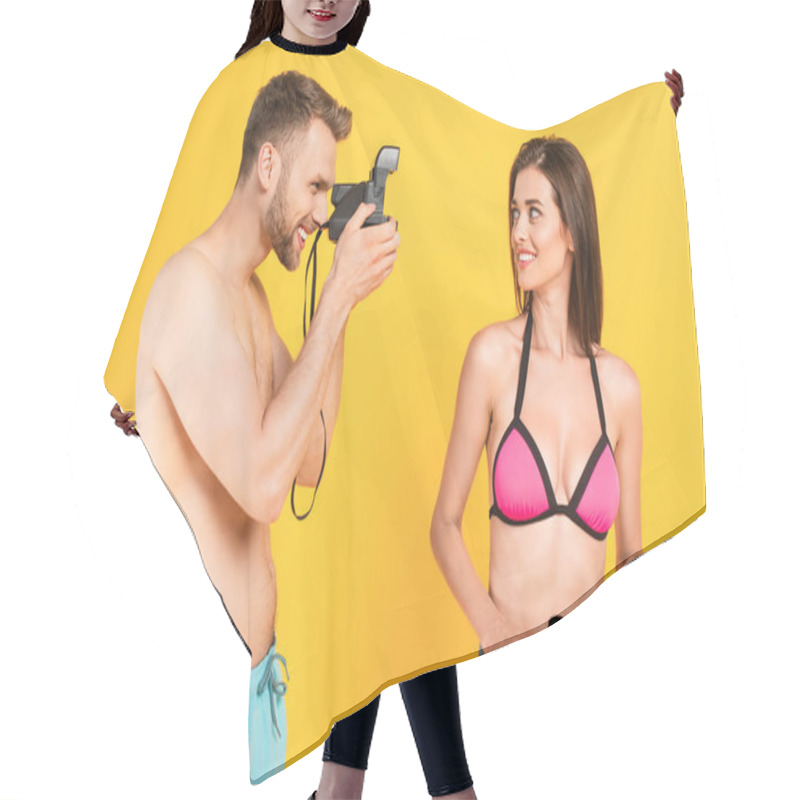 Personality  Happy Man Taking Photo Of Girl In Swimsuit Holding Binoculars Isolated On Yellow  Hair Cutting Cape