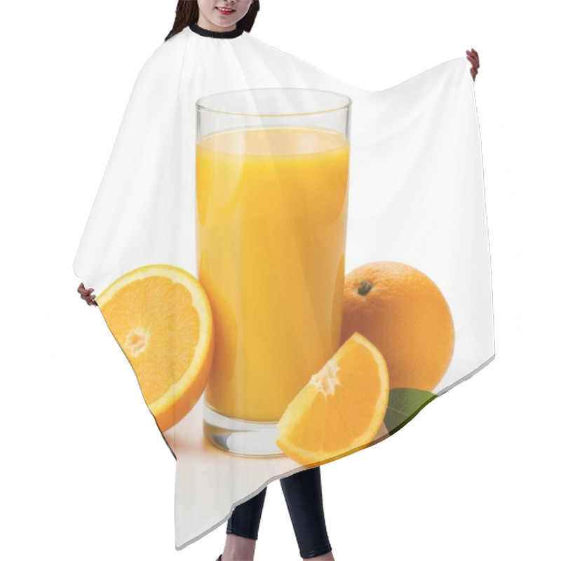 Personality  Freshly Squeezed Orange Juice In A Glass With Oranges On A Clean White Background. Hair Cutting Cape