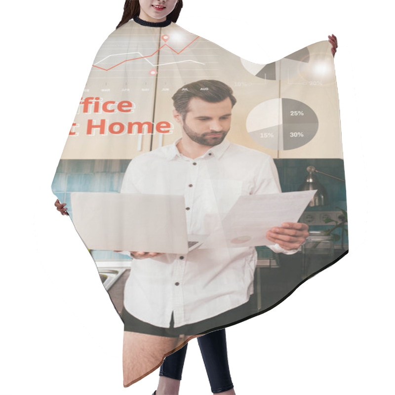 Personality  Handsome Man In Shirt And Panties Working With Document While Holding Laptop In Kitchen, Office At Home Illustration Hair Cutting Cape