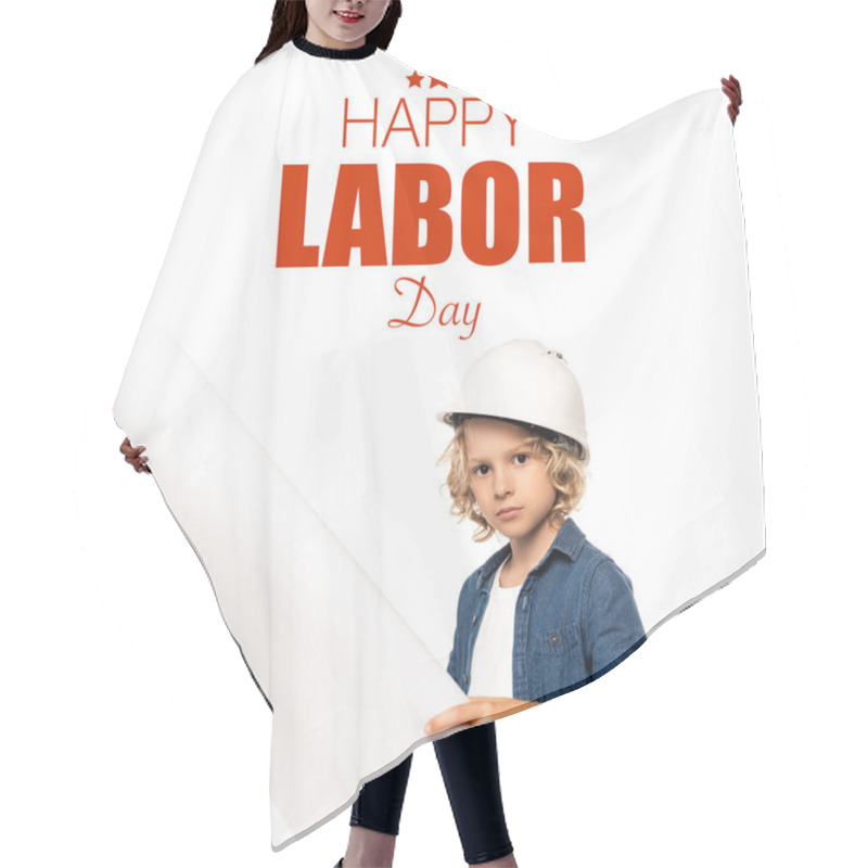 Personality  Boy In Safety Helmet And Costume Of Architect Holding Blueprint Happy Labor Day Lettering On White Hair Cutting Cape