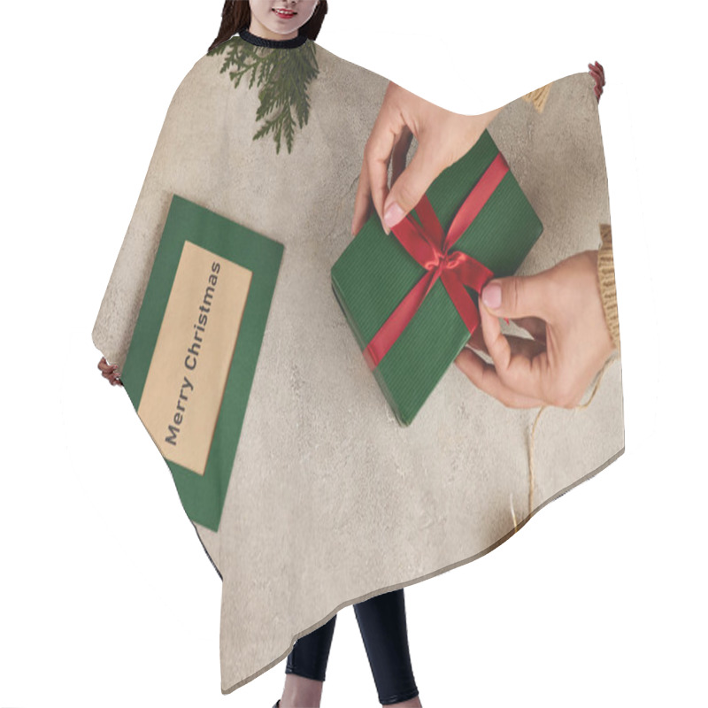 Personality  Cropped View Of Woman Tying Red Bow On Gift Box Near Merry Christmas Greeting Card And Festive Decor Hair Cutting Cape