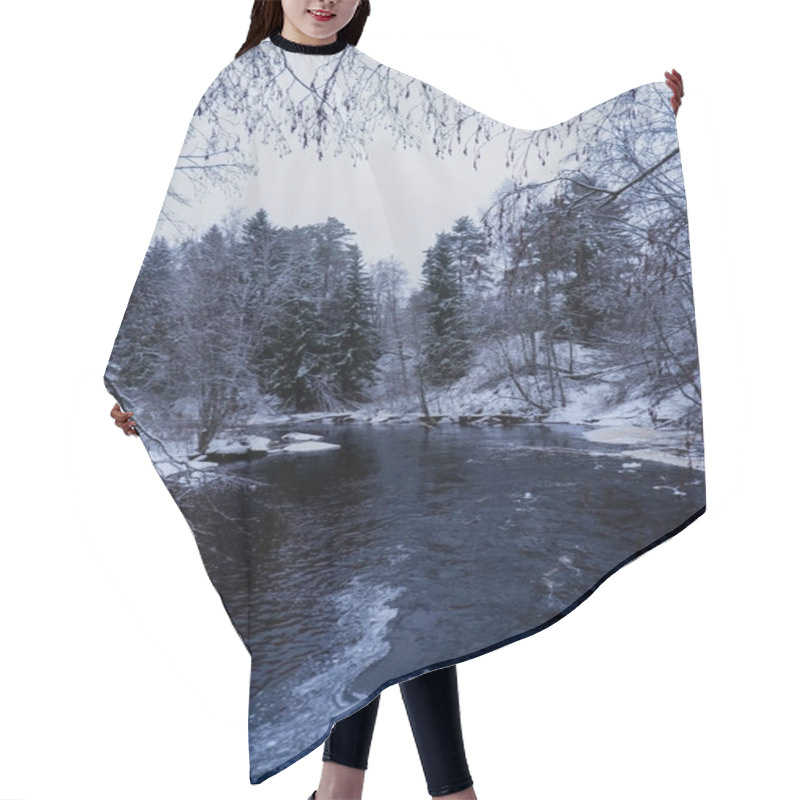 Personality  A Serene Winter Landscape Featuring A Calm River Surrounded By Snow-covered Trees. A Tranquil Scene For Seasonal, Nature, Or Travel-related Projects. Hair Cutting Cape