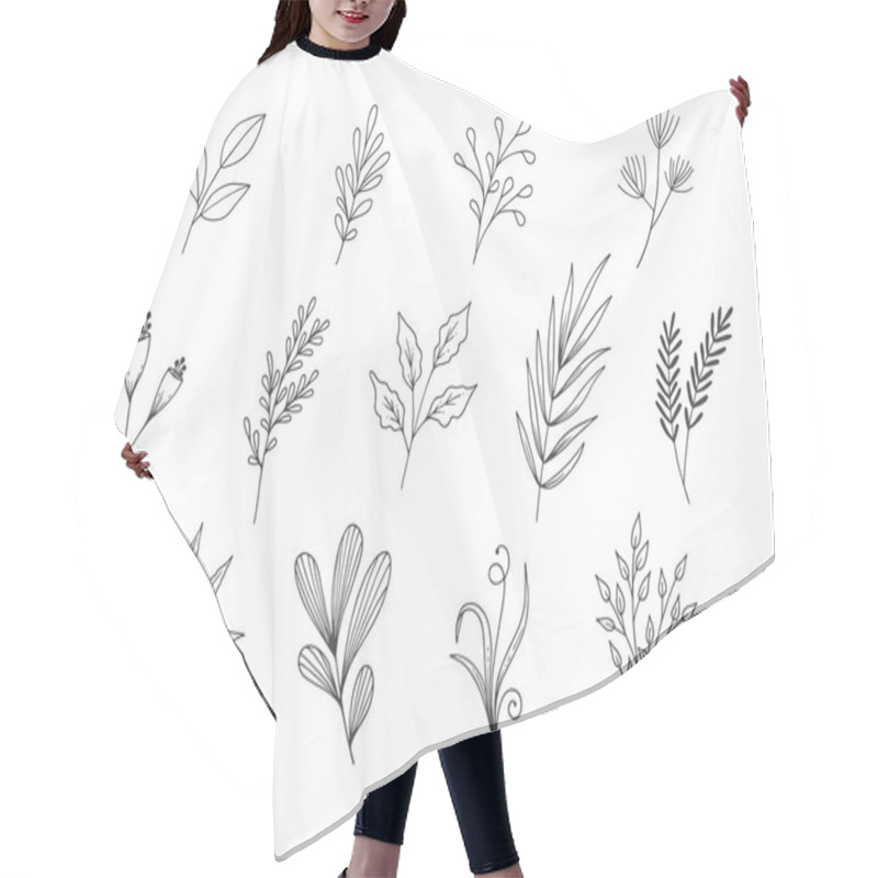 Personality  Hand Drawn Leaves Illustration In Line Style. Black And White Decorative Floral Sketch On White Background. Hair Cutting Cape