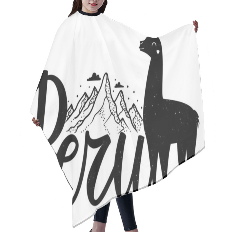 Personality  Vector Illustration With Calligraphy Word Peru, Mountains, Clouds And Smiling Llama With Heart. Hair Cutting Cape