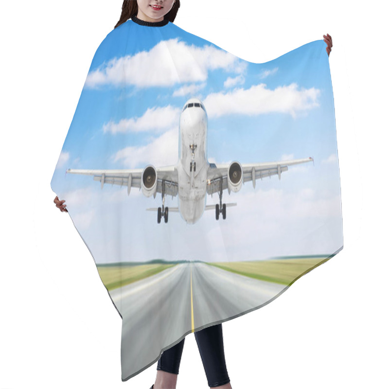 Personality  Airplane Aircraft Flying Departure Landing Speed Motion On A Runway In The Good Weather With Cumulus Clouds Sky Day. Hair Cutting Cape