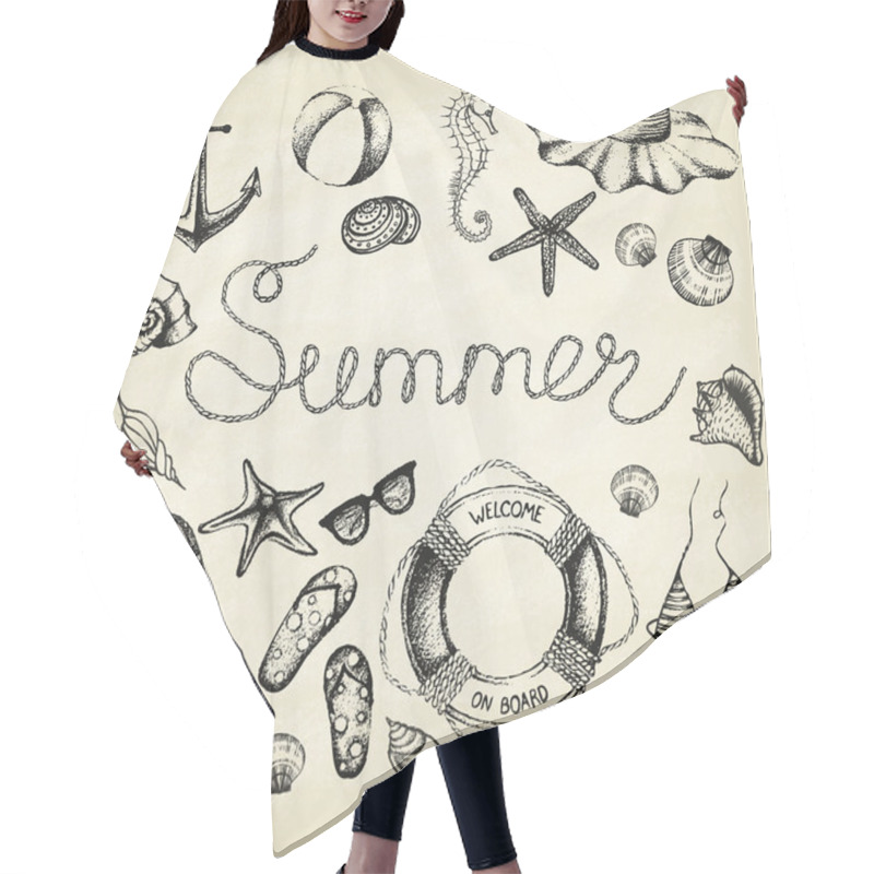 Personality  Hand Drawn Icons Summer Set. Hair Cutting Cape