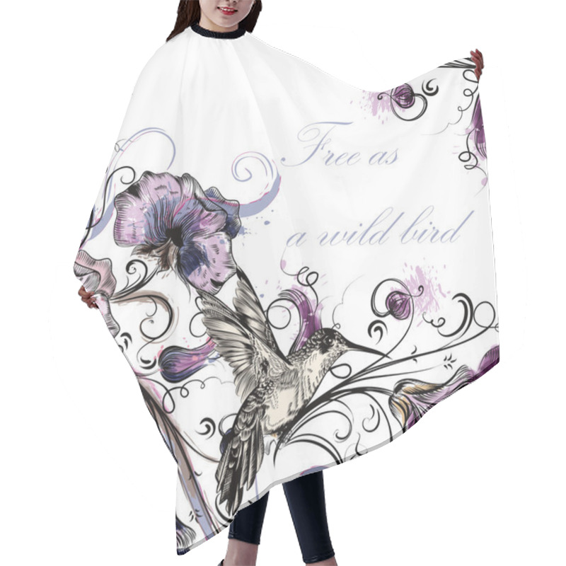 Personality  Beautiful Vector Back With Orchid Flowers Hummingbirds Hair Cutting Cape