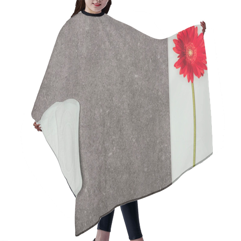 Personality  Top View Of Arranged Menstrual Pads And Red Flower On Grey Surface Hair Cutting Cape