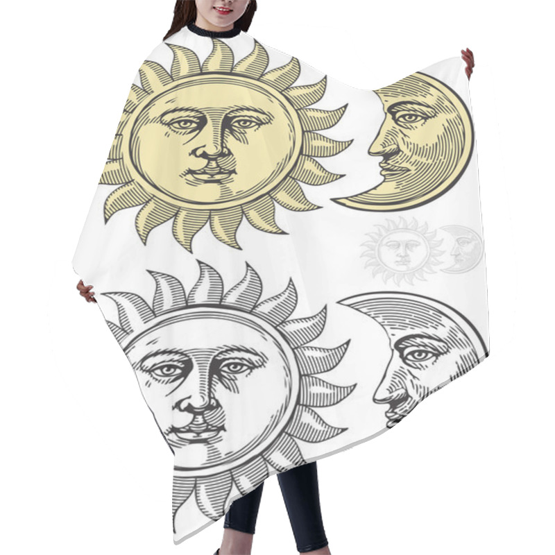 Personality  Vector Illustration Of Sun And Moon With Faces Hair Cutting Cape