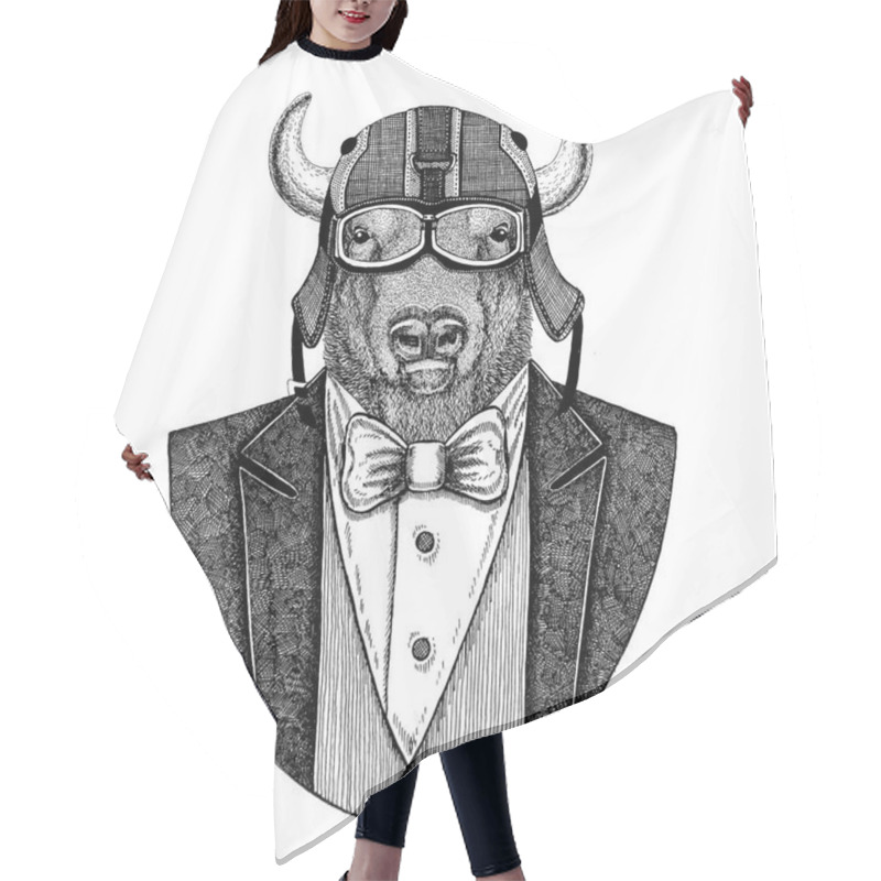 Personality  Buffalo, Bison,ox, Bull Animal Wearing Jacket With Bow-tie And Biker Helmet Or Aviatior Helmet. Elegant Biker, Motorcycle Rider, Aviator. Image For Tattoo, T-shirt, Emblem, Badge, Logo, Patch Hair Cutting Cape