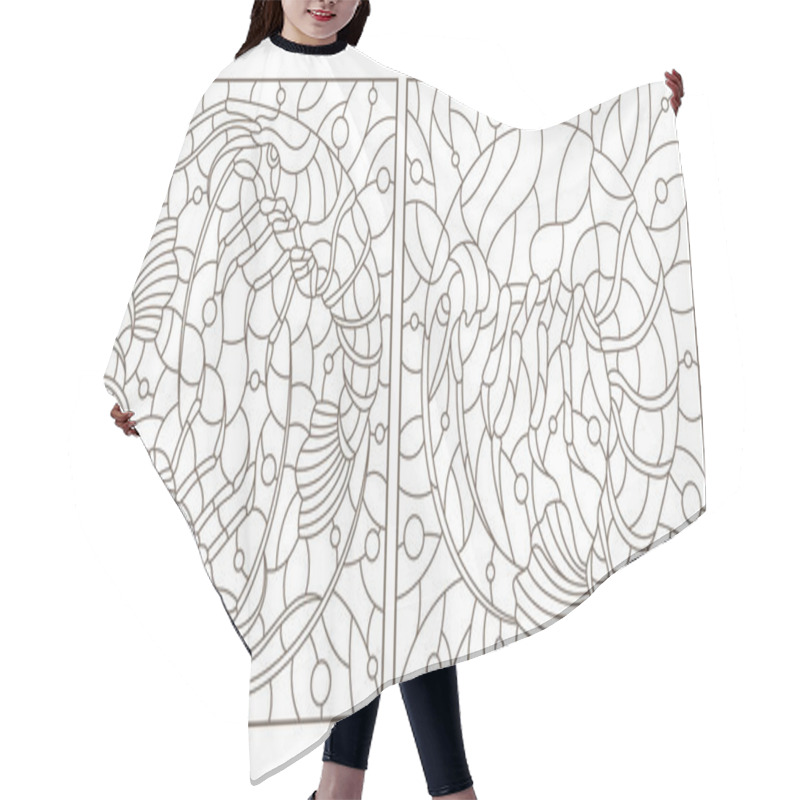 Personality  Set Of Contour Illustrations In Stained Glass Style With Shrimps On A Background Of Water And Air Bubbles, Dark Contours On A White Background, Square Images Hair Cutting Cape