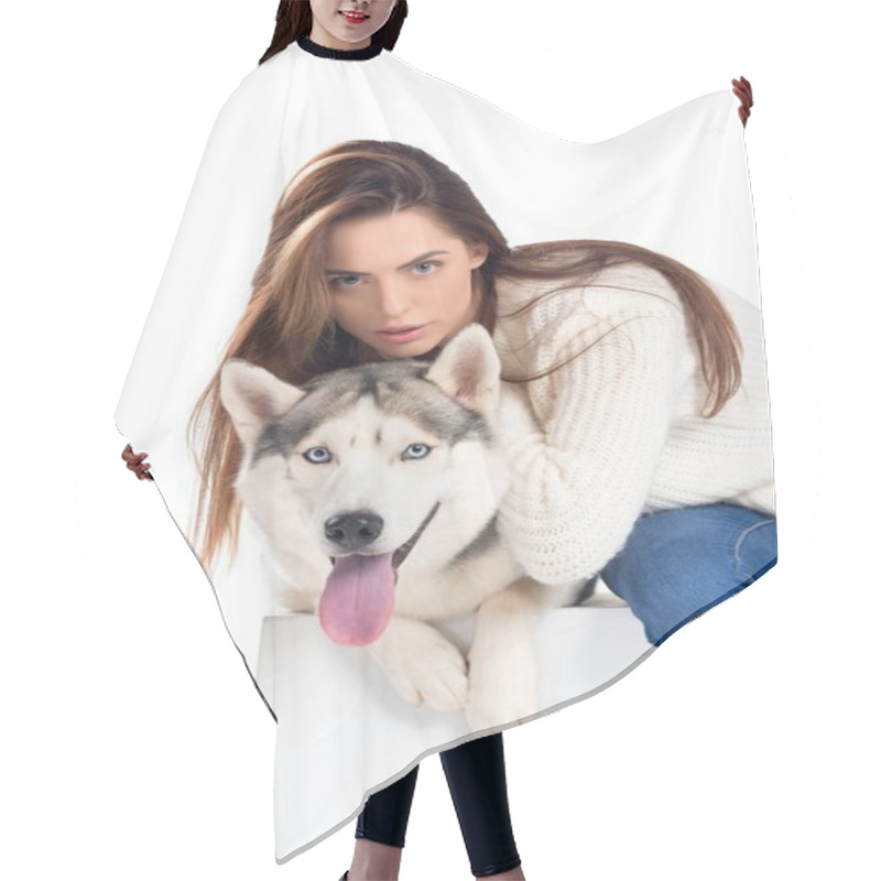 Personality  Beautiful Girl Hugging Husky Dog, Isolated On White Hair Cutting Cape