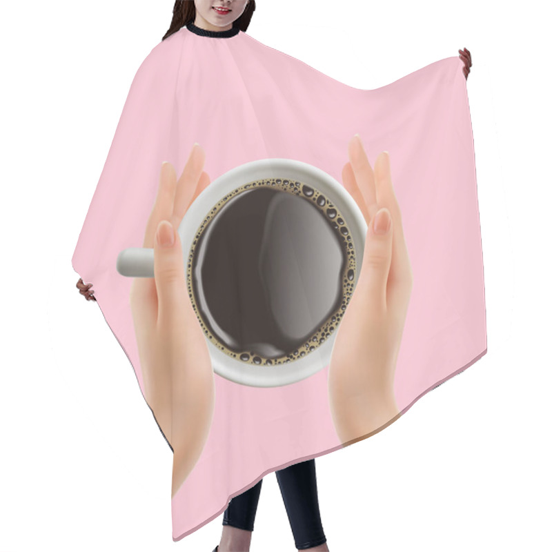 Personality  Coffee Cup In Hands. Top View Of Coffee Mug In Hands. Realistic 3D Illustration. Isolated On Pink Background.  Hair Cutting Cape