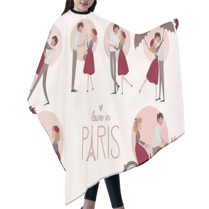 Personality  Set Of Characters. Love Story In Paris With A Lover Couple In Different Poses. Editable Vector Illustration Hair Cutting Cape