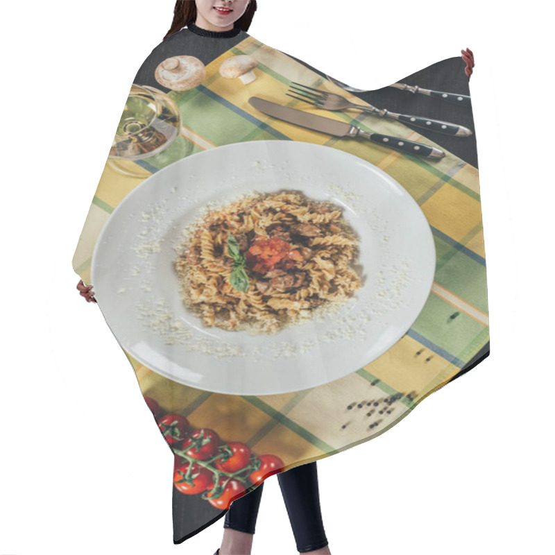 Personality  Top View Of Plate With Pasta And Roasted Pork On Table Hair Cutting Cape