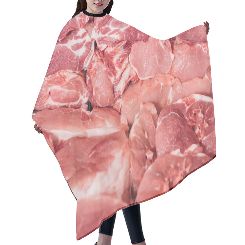 Personality  Close Up View Of Arranged Raw Meat In Grocery Shop Hair Cutting Cape