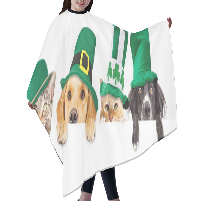 Personality  Row Of Cute Dogs And Cats Wearing Green St Patricks Day Hats While Peeking Over A Blank White Web Banner Or Social Media Cover Hair Cutting Cape