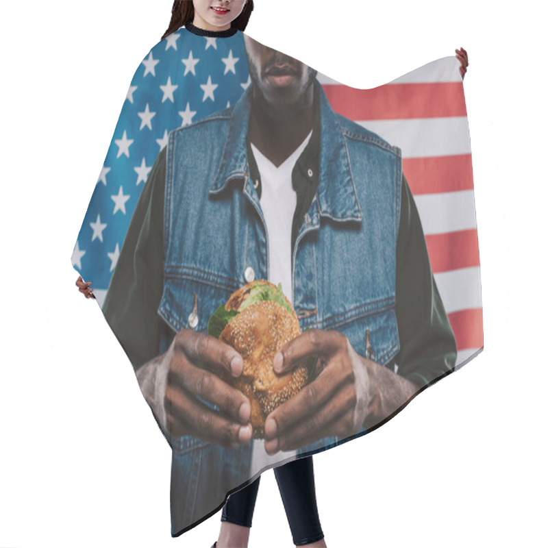 Personality  Cropped Shot Of African American Man Holding Burger Against Usa Flag Hair Cutting Cape