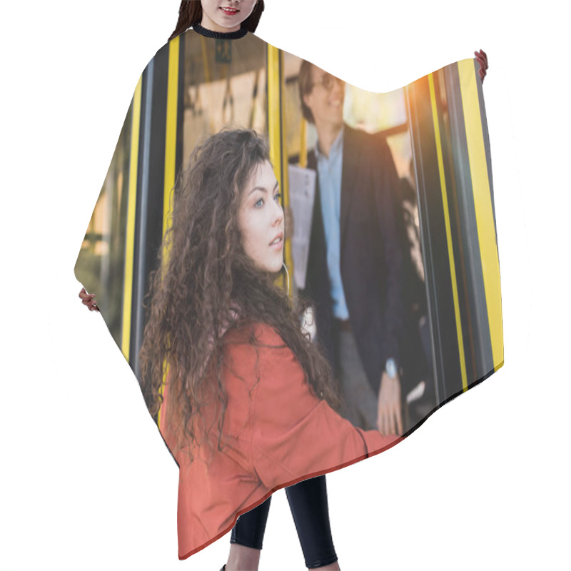 Personality  Young Woman Entering Bus Hair Cutting Cape