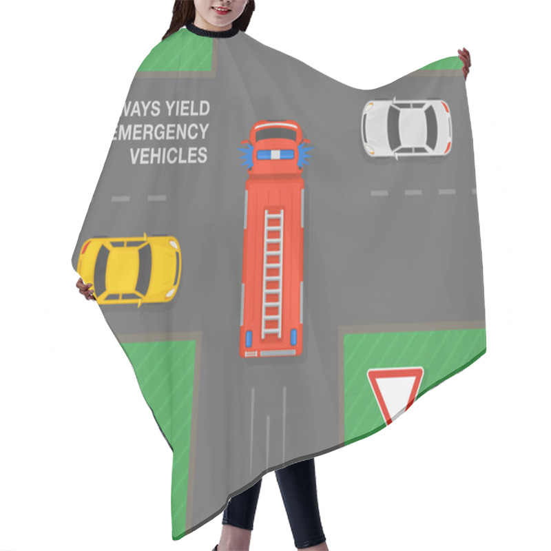 Personality  Safe Driving Tips And Traffic Regulation Rules. Always Give Way To Emergency Vehicles At Crossroads. Fire Truck Car Goes First At Intersection With Give Way Sign. Flat Vector Illustration Template. Hair Cutting Cape