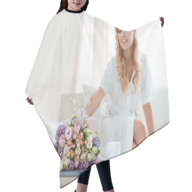 Personality  Woman On Sofa With Wedding Bouquet Hair Cutting Cape