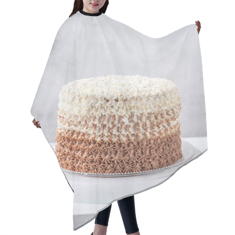 Personality  Gorgeous Ombre Cake Covered Made Of Buttercream Icing On White Wooden Table. Space For Text. Wedding Celebration Concept. Hair Cutting Cape