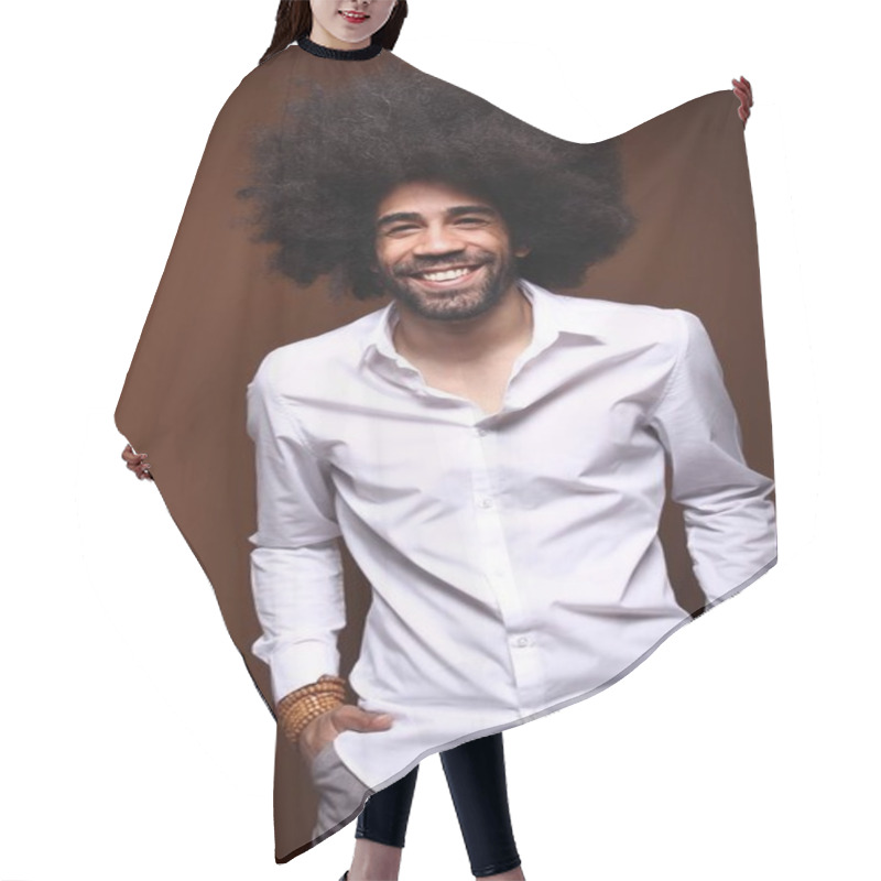 Personality  Portrait Of A Happy Afro Man Hair Cutting Cape