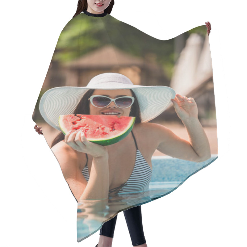 Personality  Young Woman Smiling While Holding Watermelon And Sun Hat In Pool  Hair Cutting Cape