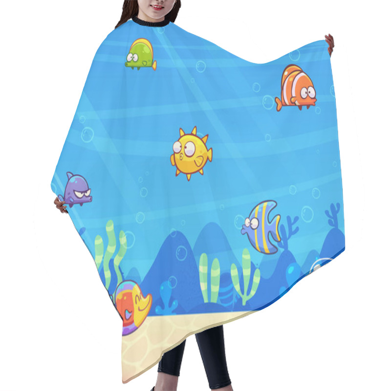 Personality  Family Of Marine Animals In The Sea. Underwater Scene. Funny Cartoon And Vector Illustration Hair Cutting Cape