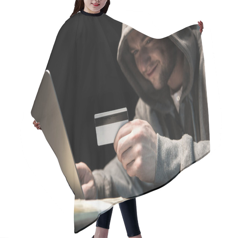 Personality  Hacker Using Laptop Hair Cutting Cape