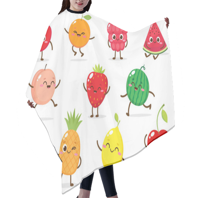 Personality  Cute Cartoon Apple, Raspberry, Strawberry, Watermelon, Pineapple, Peach, Orange, Pear, Cherry And Lemon. Cartoon Fruit Character Set. Funny Emoticon In Flat Style. Food Emoji Vector Illustration Hair Cutting Cape