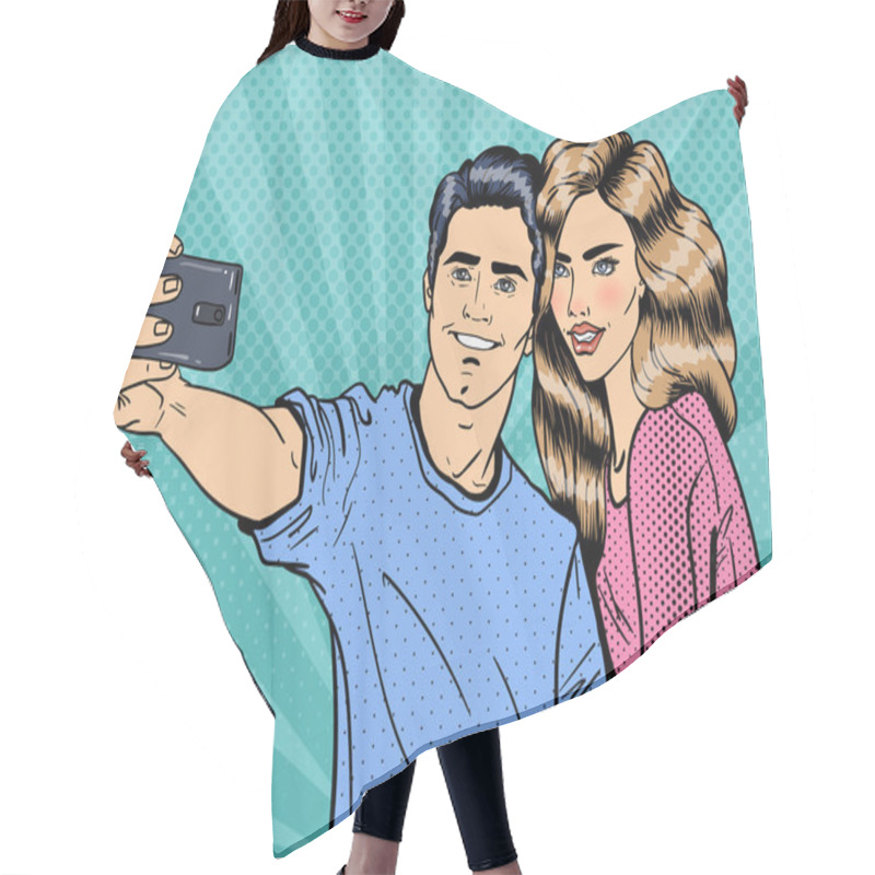 Personality  Young Loving Couple Making Selfie On Smartphone. Pop Art Hair Cutting Cape